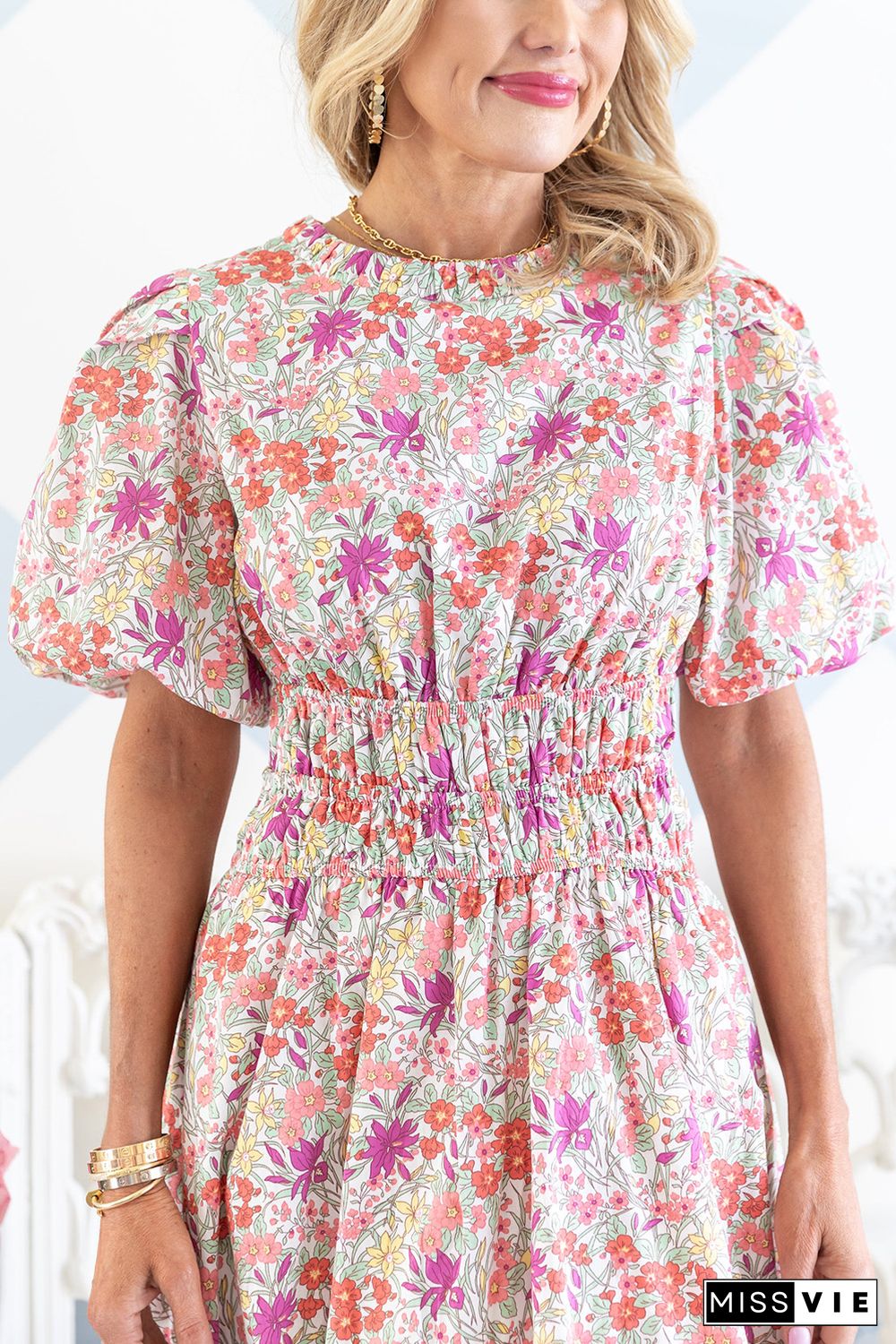 Red Puff Sleeve Smocked Waist Floral Dress