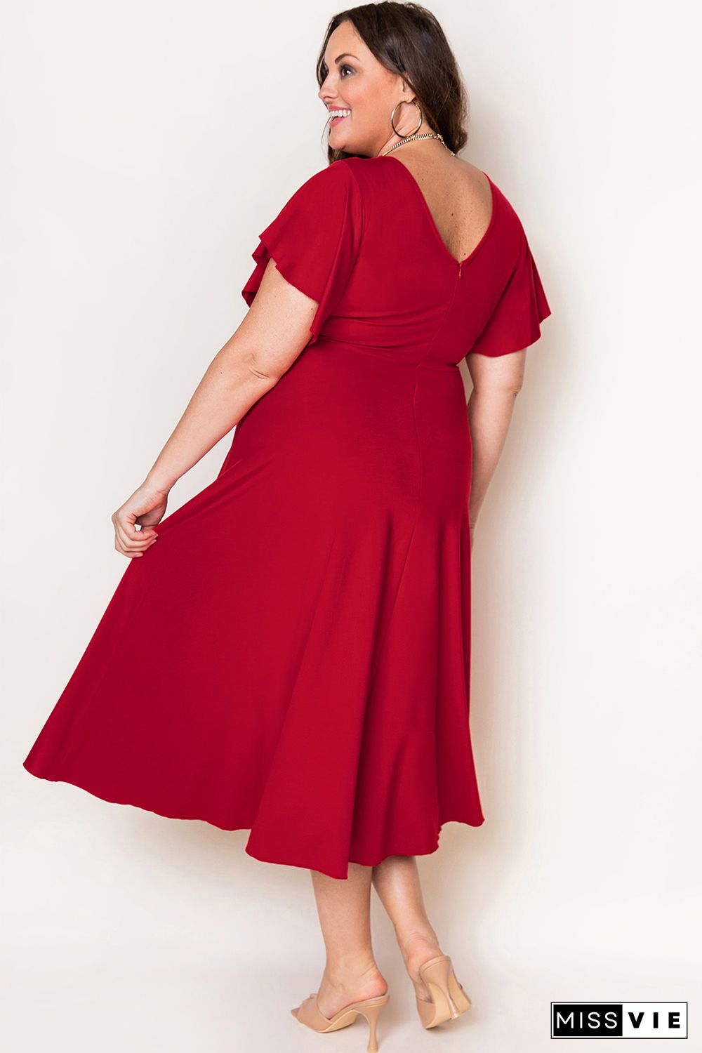 Red Plus Size Short Flutter Sleeve Midi Dress