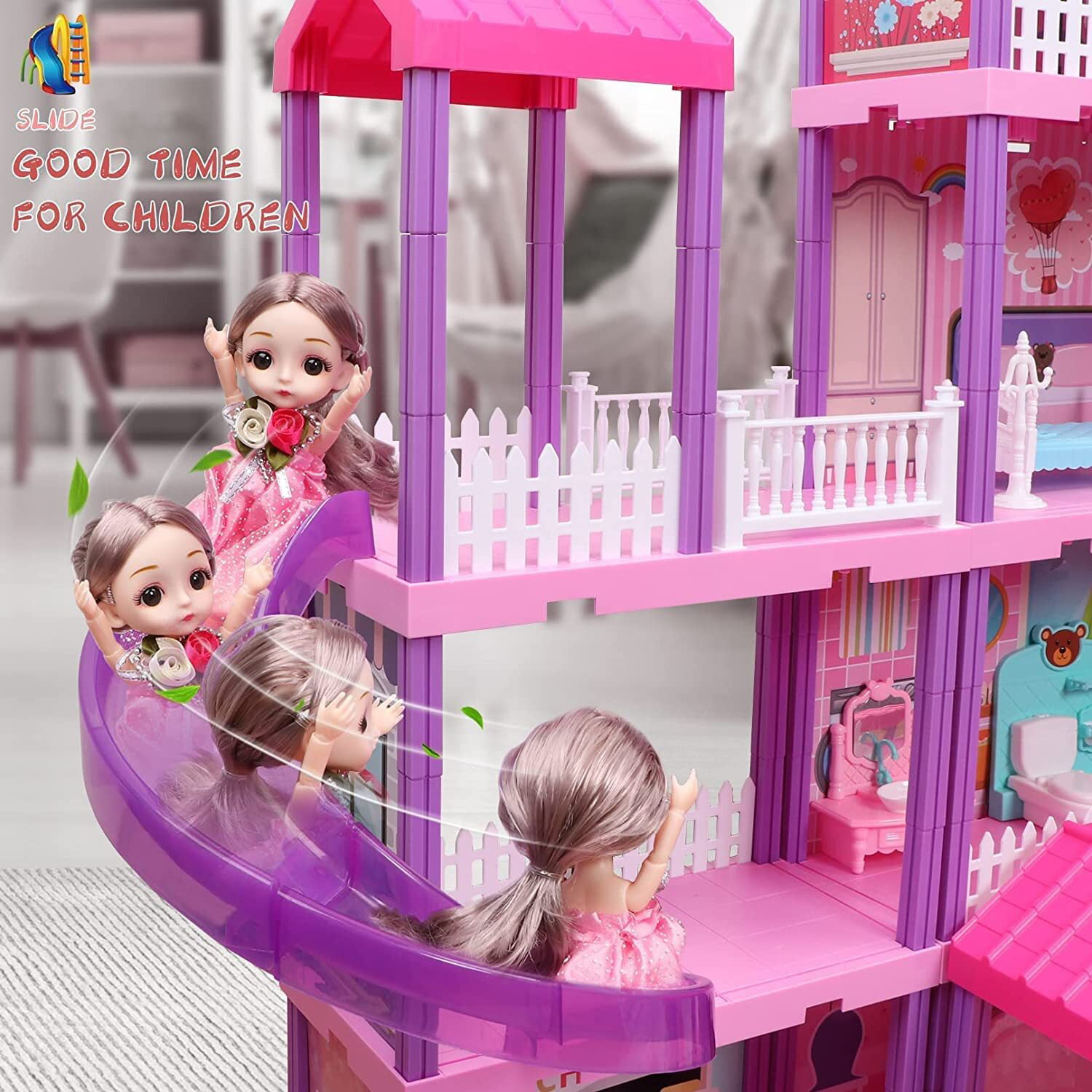 Beefunni 36 inch Dollhouse， with Slide， Dolls and 11 Rooms， Creative Dollhouse Toys for Girls， Gift for 3 to 8 Year Old， Assembly Required