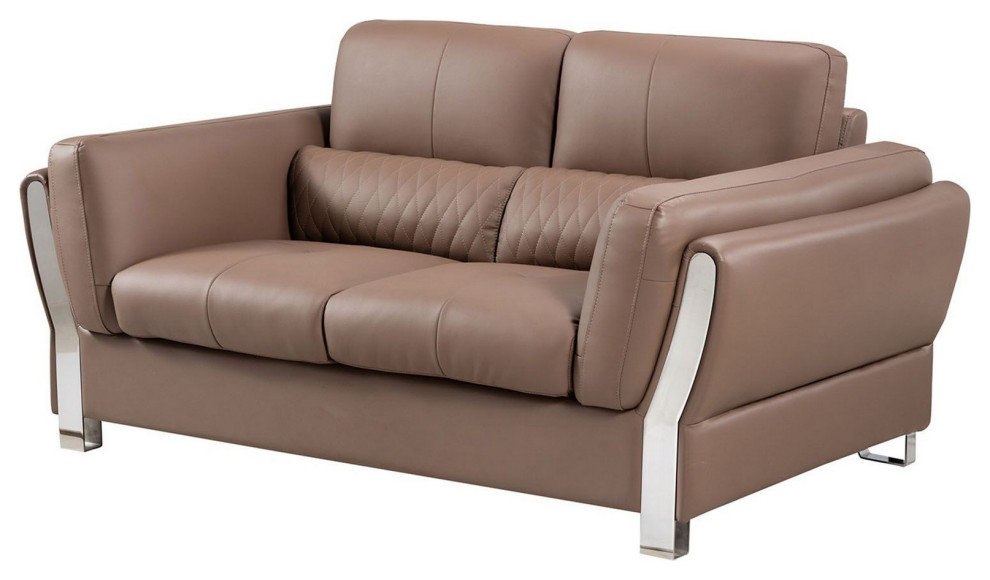 Leatherette Loveseat With Stainless Steel Mirror Accented Armrests  Brown   Contemporary   Loveseats   by VirVentures  Houzz