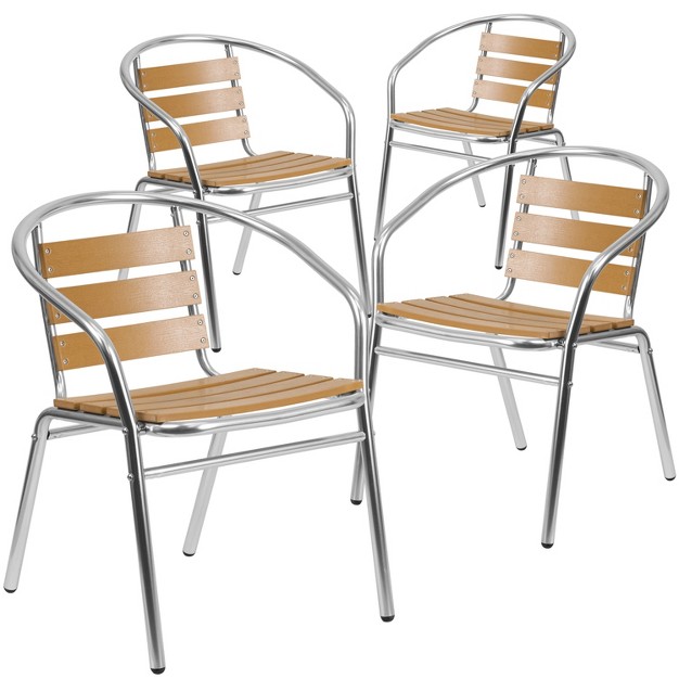 Emma And Oliver 4 Pack Commercial Aluminum Indoor outdoor Stack Chair Triple Slat Faux Teak Back