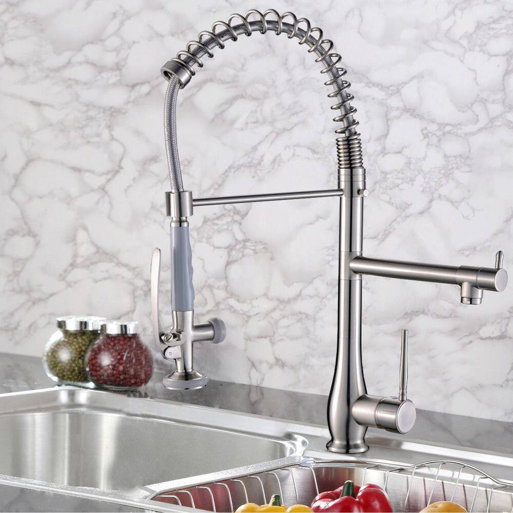 GIVING TREE Single-Handles 2-Spout Commercial Pre-Rinse Spring Pull Down Sprayer Kitchen Faucet in Brushed Nickel HDLTQA0019