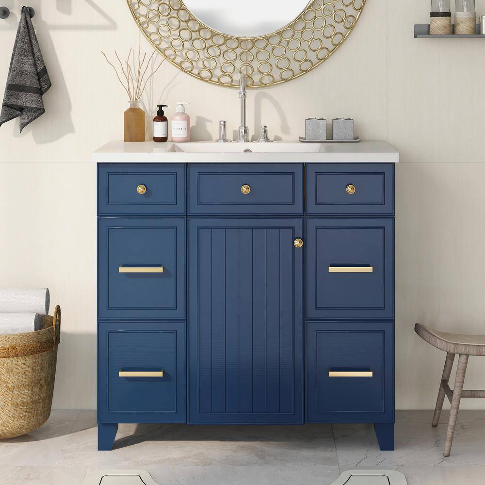 Aoibox 36 in. W x 18 in. D x 34 in. H Freestanding Bathroom Vanity Cabinet in Navy Blue with White Sink Top SNMX4439