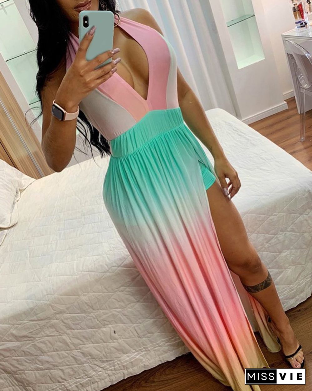 Colorblock High Slit Ruched Plunge Maxi Dress