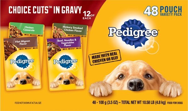 Pedigree Choice Cuts in Gravy Adult Variety Pack Dog Soft Wet Food， 3.5-oz pouches， 48 count