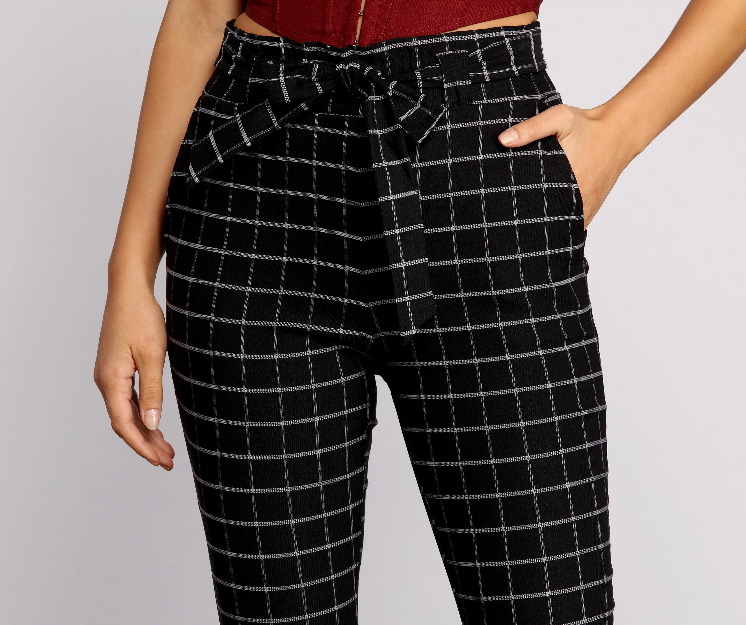 High Waist Paperbag Window Pane Pants