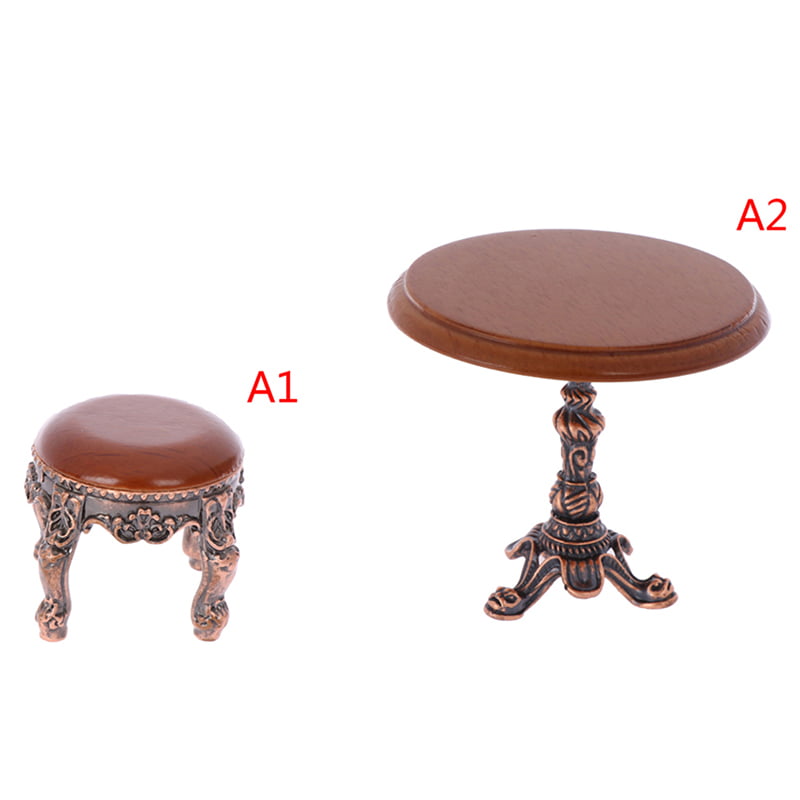 Buytra 1:12 Dollhouse Miniature Furniture Wooden Round Kitchen Side Table and stool