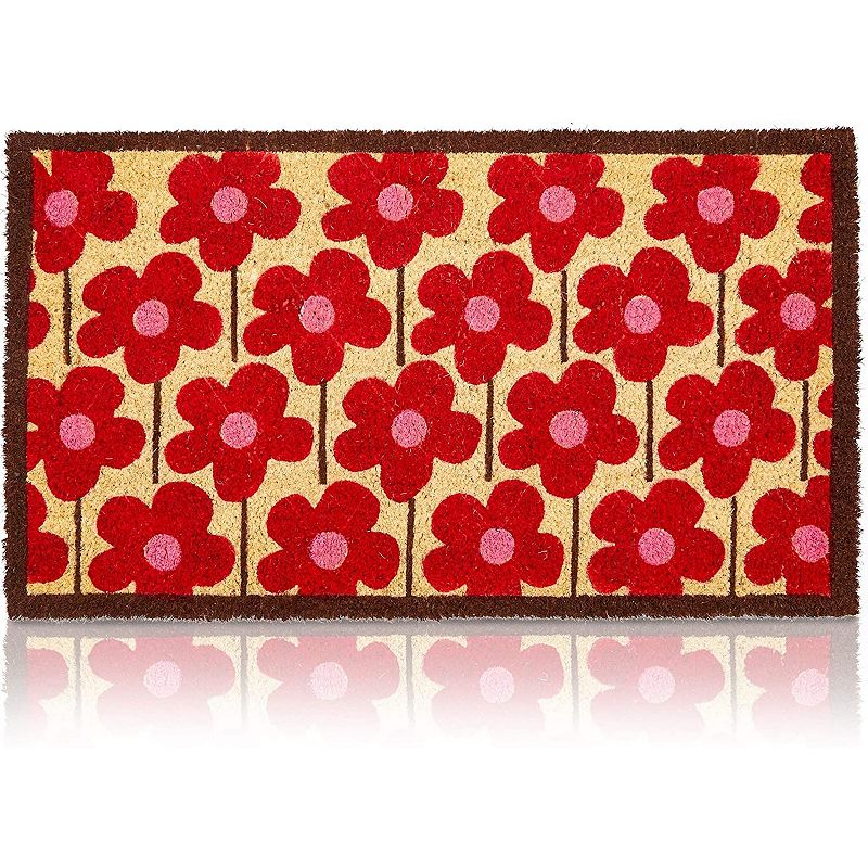 Coco Coir Mat， Floral Entry Way Nonslip Doormat (Red， Pink， 17 x 30 in)