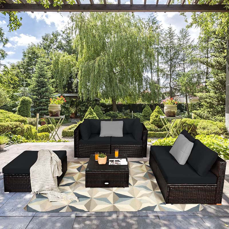 6 Pcs Outdoor Rattan Sectional Sofa Set with Coffee Table & Removable Seat & Back Cushions