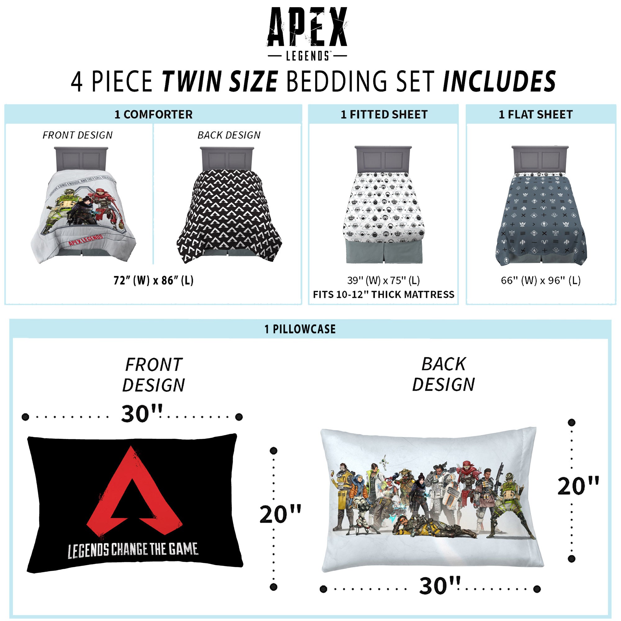 Apex Legends Twin Bed in a Bag， Gaming Bedding， Comforter and Sheets， Grey