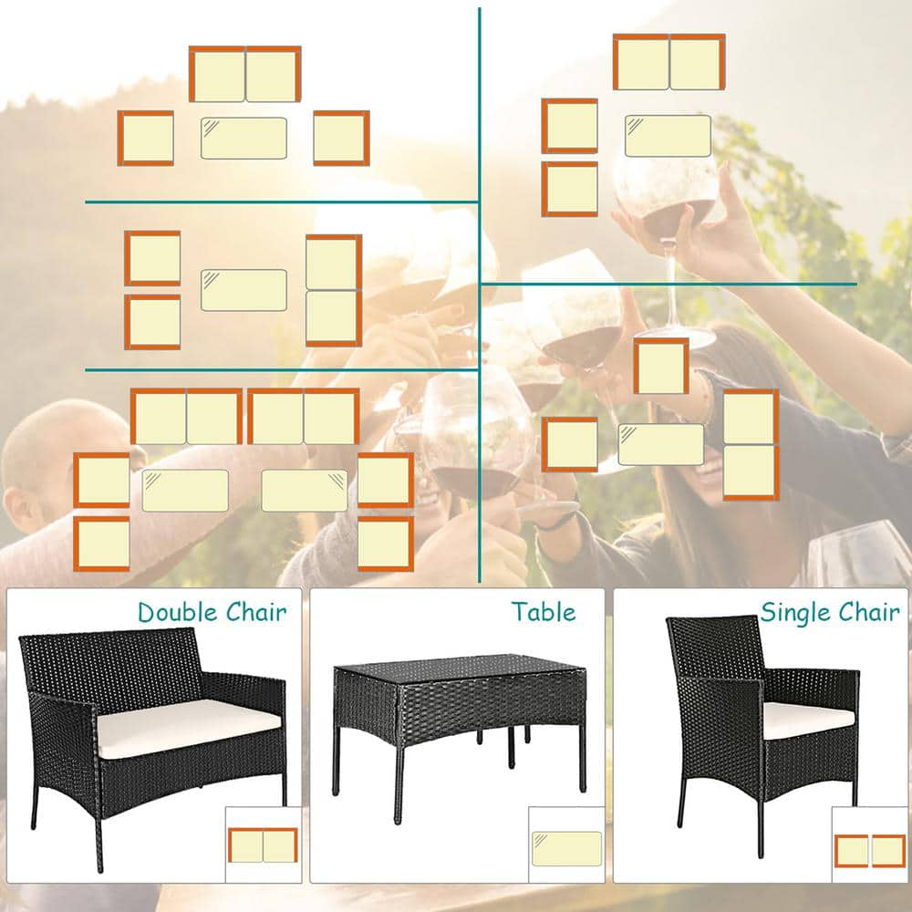 Costway 4-Piece Wicker Patio Conversation Set with White Cushions, Outdoor Rattan Furniture Set, Loveseat, Sofa Garden HW53485