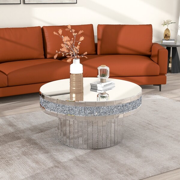 Round Coffee Table Mirrored Crushed Diamond Accent Living Room Table - 35