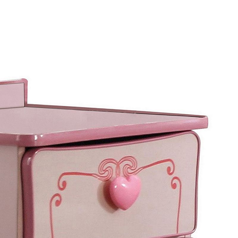 2 Drawer Wooden Nightstand with Heart Knob Pulls， Pink