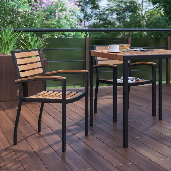 Lark Outdoor Stackable Faux Teak Side Chair - Commercial Grade Black Aluminum Patio Chair with Synthetic Teak Slats - Set of 2