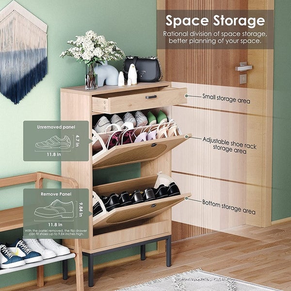 Slim Shoe Storage Cabinet Rack With 2 Flip Drawers and 1 Storage Drawer， - - 37593871