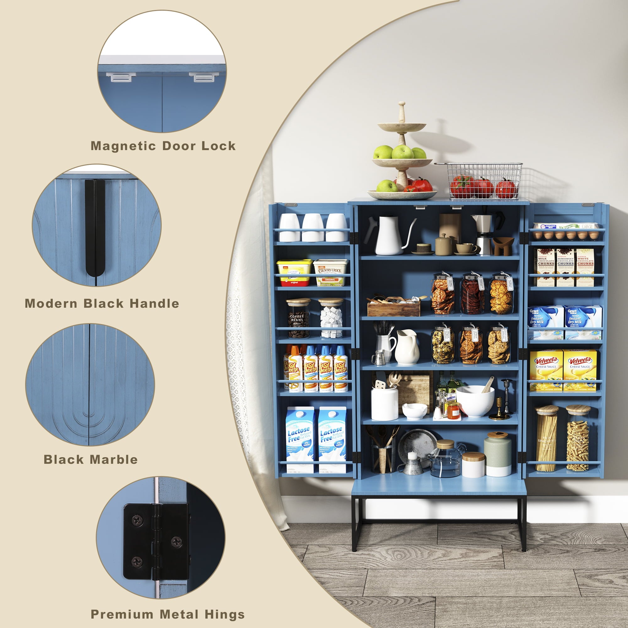 HLR 46 inches Blue Pantry Cabinets， Kitchen Pantry with Doors and Shelves for Kitchen， Blue Pantry Storage Cabinet with Black Metal Base for Living Room and Dining Room