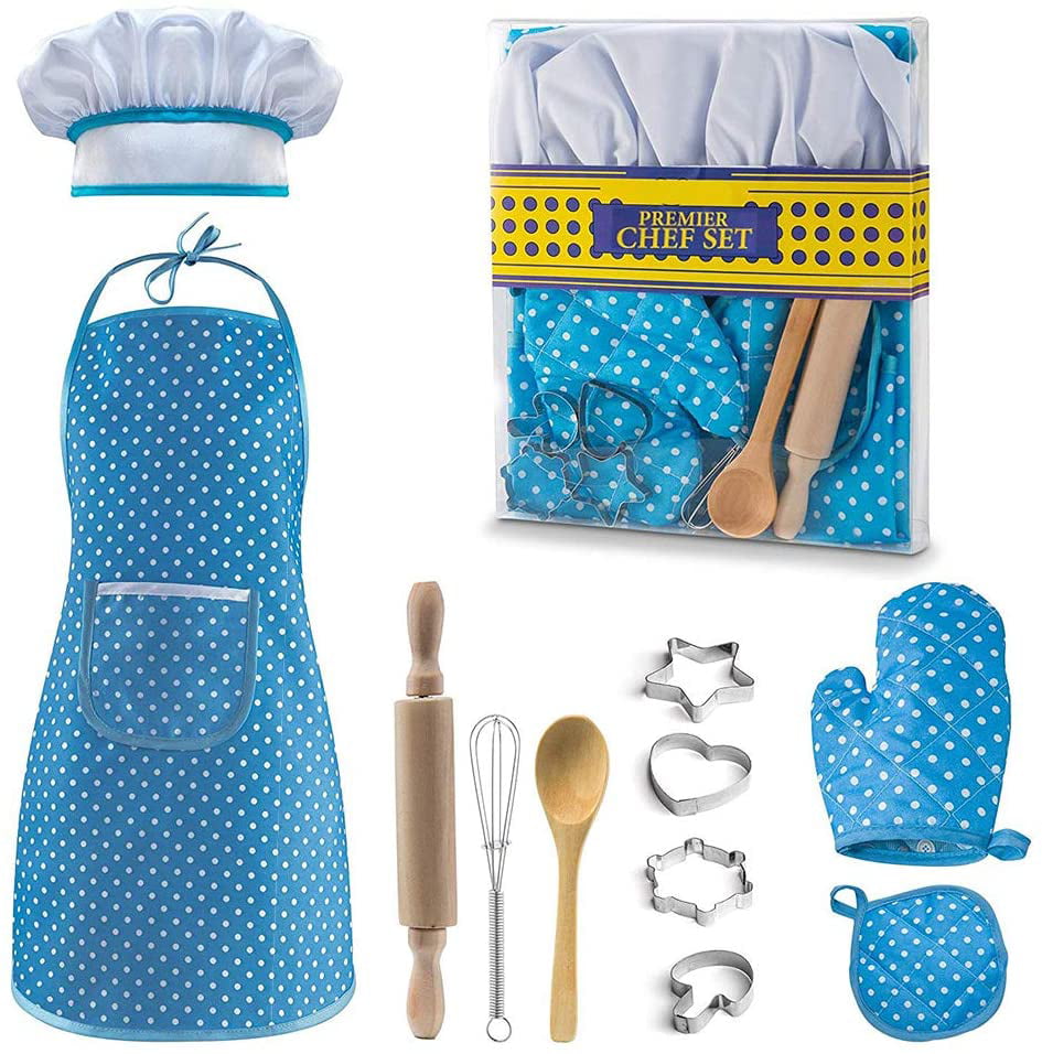 Kids Cooking Set, 11 Pcs Birthday Gifts for 3-6 Year Old Girls Chef Role Play Includes Apron for Girls, Chef Hat, Cooking Mitt, Utensils, Festival Toys for 3-6 Year Old Girls (Blue)