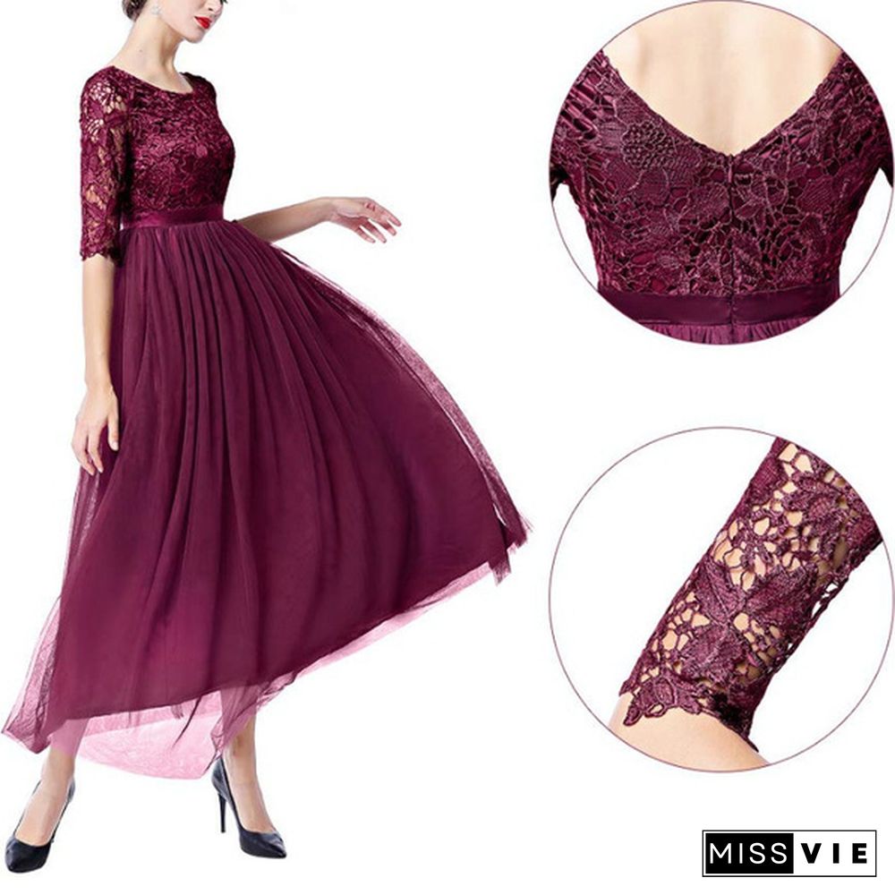 Women's Vintage Floral Lace 3/4 Sleeves Floor Length Retro Evening Cocktail Formal Bridesmaid Gown Long Maxi Dress