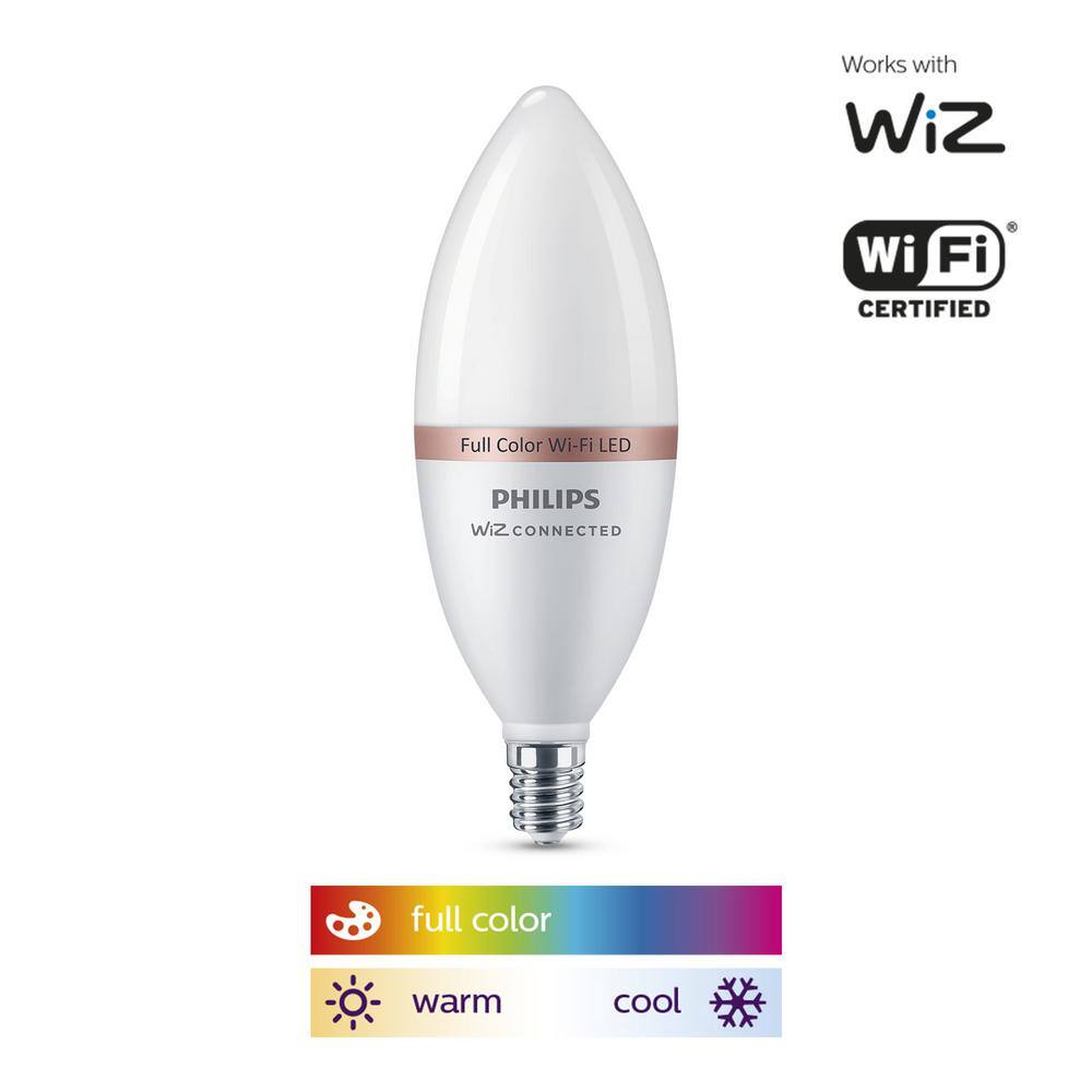 Philips 40-Watt Equivalent B12 LED Smart Wi-Fi Color Changing Light Bulb powered by WiZ with Bluetooth (1-Pack) 562454