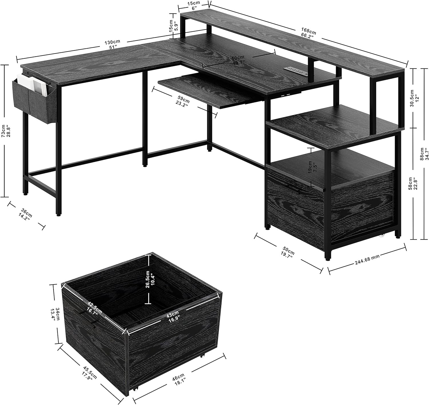 Corner Desk 66 inch Computer Desk L Shaped Study Writing Table with Power Outlet, Keyboard Tray, Drawer, Monitor Shelf