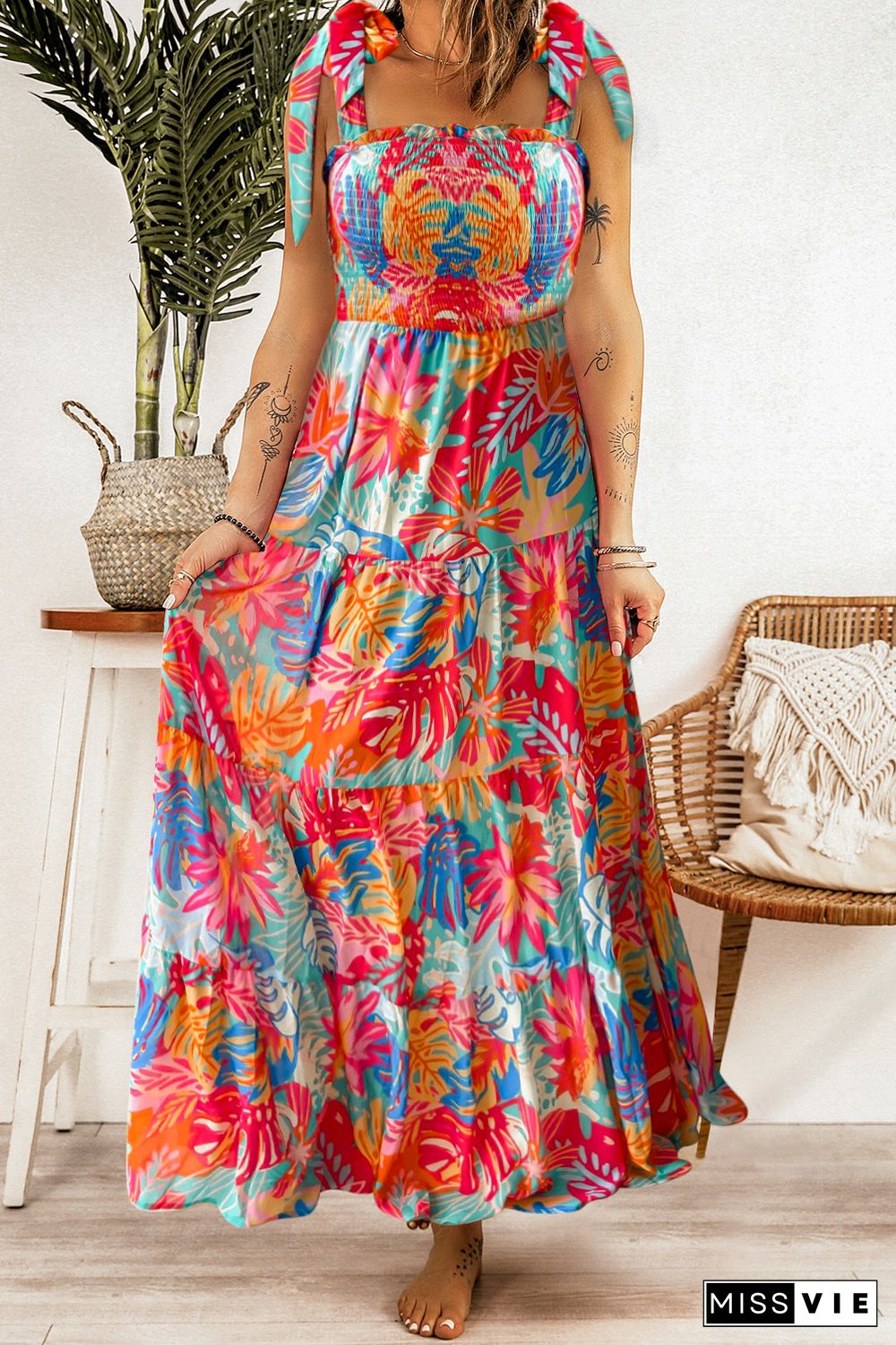 Multicolor Vibrant Tropical Print Smocked Ruffle Tiered Maxi Dress