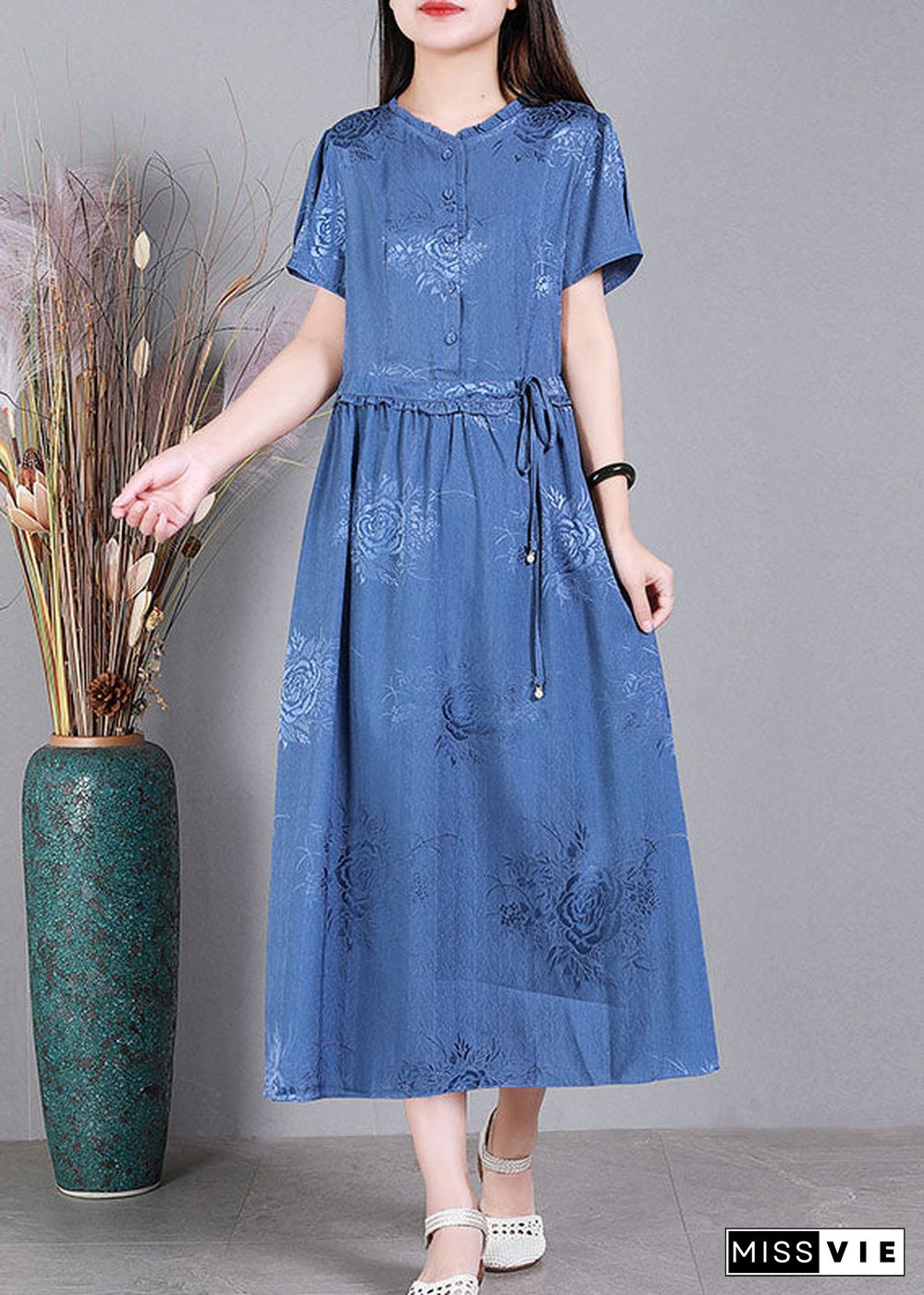 Diy Blue Ruffled Tie Waist Jacquard Silk Long Dress Short Sleeve