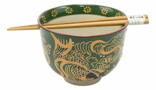 1 Green And Yellow Koi Fishes With Crystals Ramen Soup Bowl With Chopsticks Set EBR02