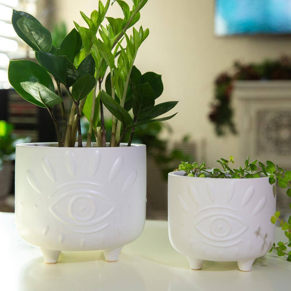 Flora Bunda 6 in. and 4.75 in. Matte White Evil Eye Ceramic Plant Pot with Legs (Set of 2) CT1423E2-MTWH