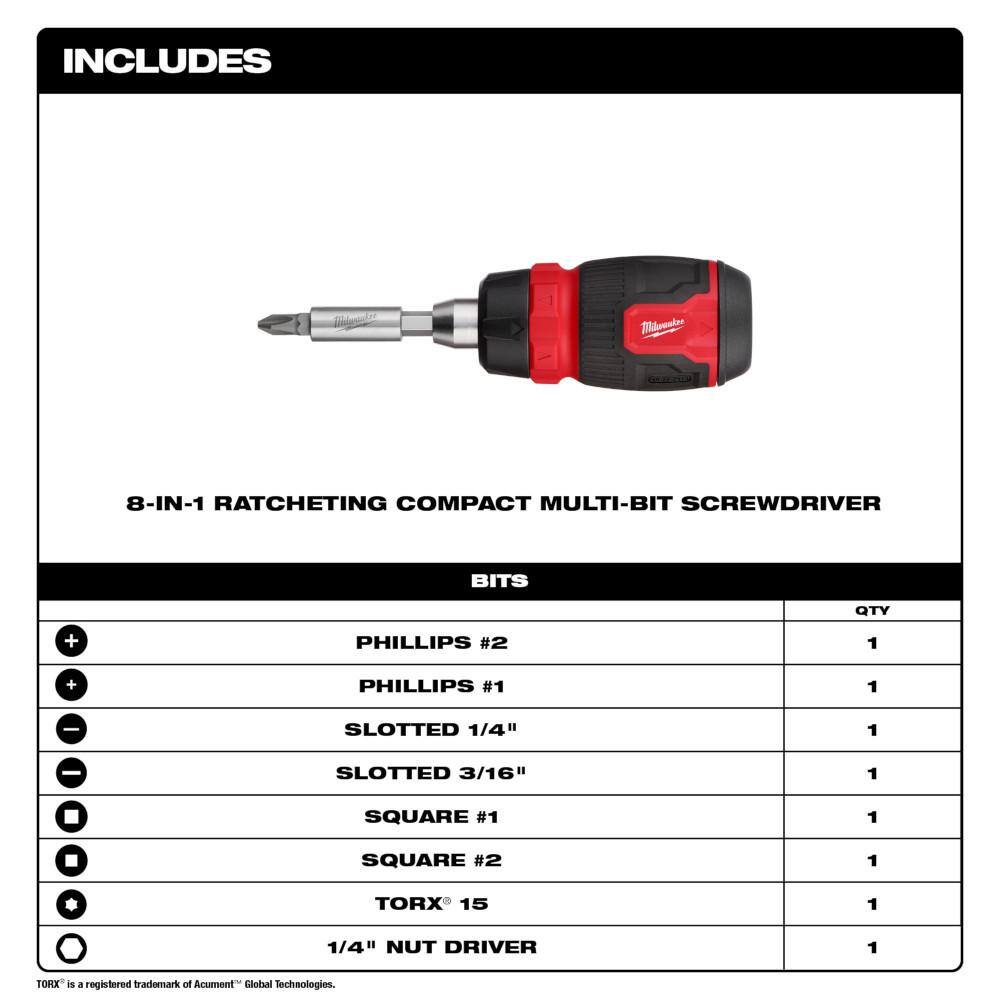 MW 8-In-1 Ratcheting Compact Multi-Bit Screwdriver 48-22-2913