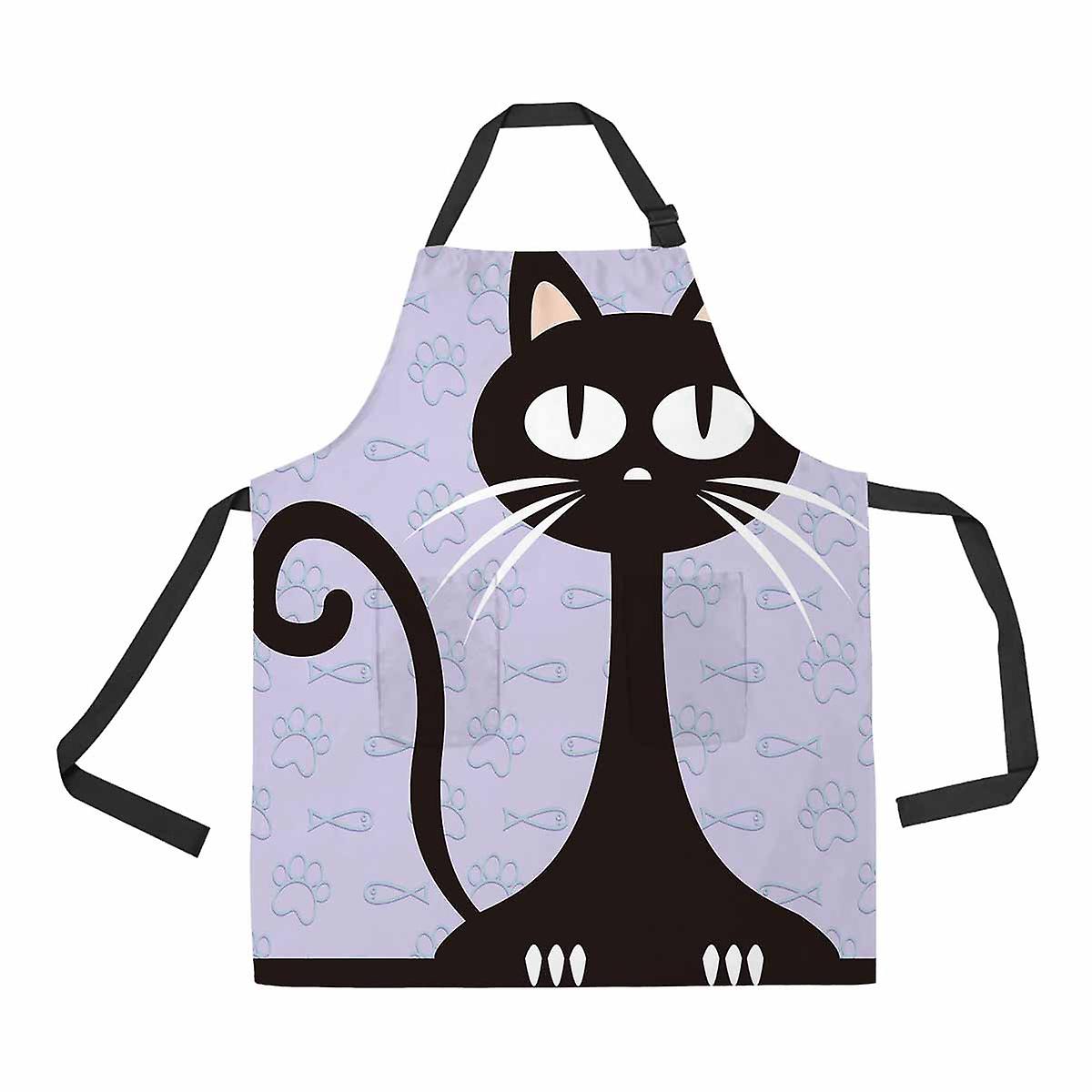 Black Cat Funny Fishes Paws Unisex Adjustable Bib Apron With Pockets For Commercial Restaurant And Home Kitchen Use