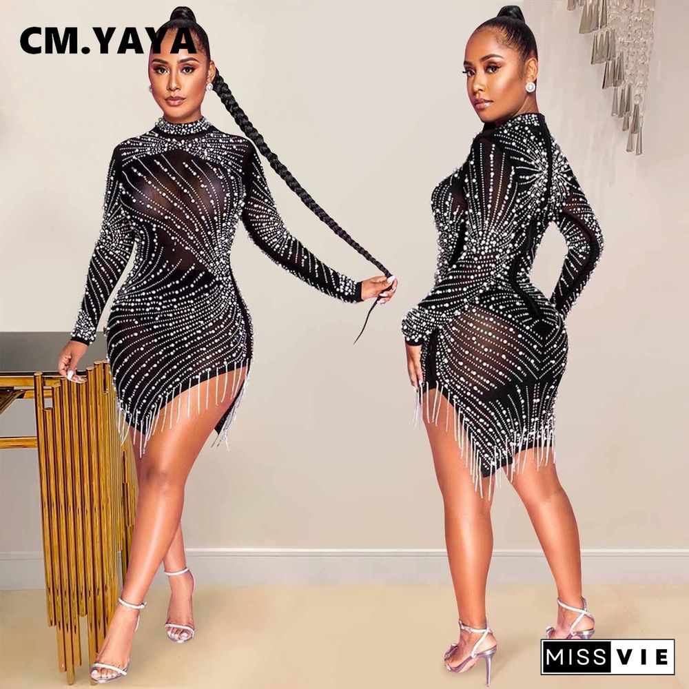 CM.YAYA Summer See-through Mesh Diamonds Dress Women Sexy Slim Elastic Mini Dresses Tassel Lady Club Party Night Outfit