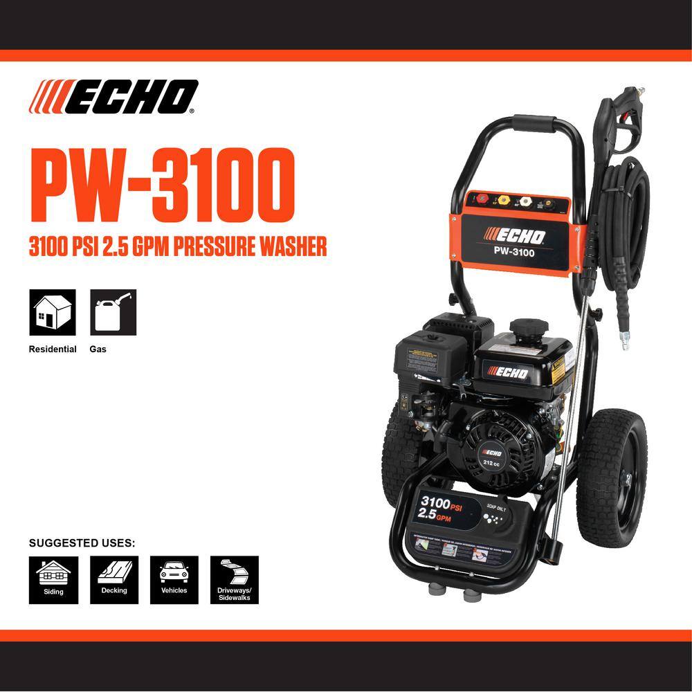 ECHO 3100 PSI 2.5 GPM Gas Cold Water Pressure Washer with 212 cc 4-Stroke Engine and 25 Foot Hose with 4 Included Nozzle Tips PW-3100