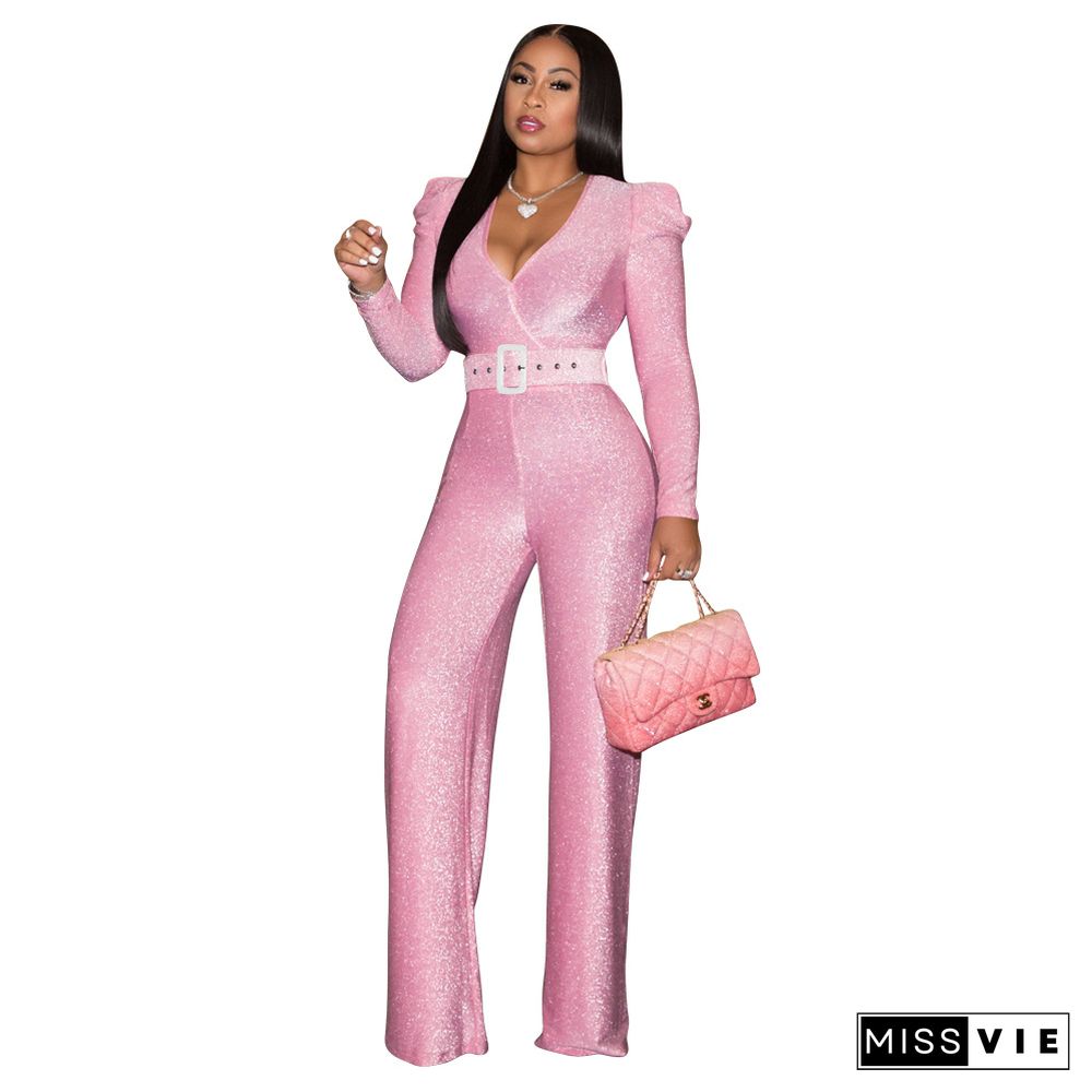 Puff Sleeve V Neck Glitter Sparkly Jumpsuit+Belt