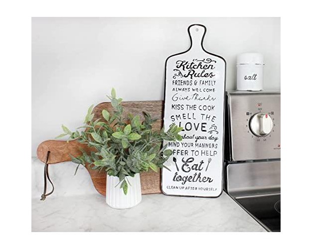 Auldhome Design White Kitchen Rules Rustic Metal Sign Farmhouse Enamelware Cutting Board Shaped Plaque