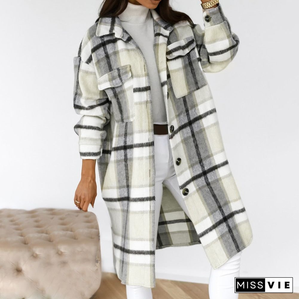 Winter Checked Women Jacket Down Overcoat Warm Plaid Long Coat Oversize Thick Woolen Blends Female Streetwear