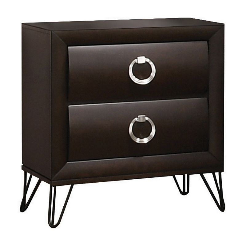 2 Drawer Wooden Nightstand with Metal Ring Handles and Harpin Legs， Brown