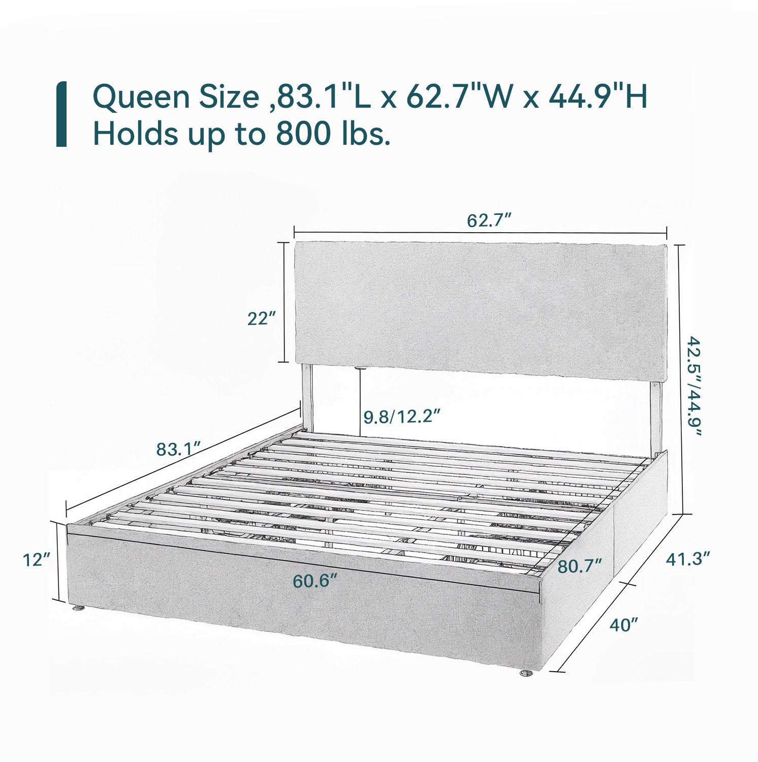 Upholstered Bed Frame with 4 Drawers Storage and Headboard with Wood Slat Support, No Box Spring Needed