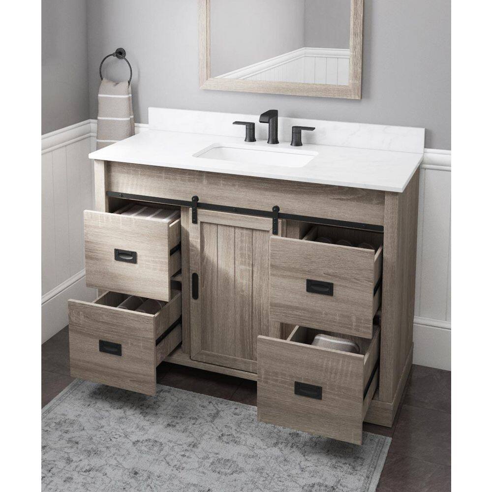 Glacier Bay Brindley 48 in. W x 20 in. D x 34.5 in. H Barn Door Bath Vanity in Weathered Gray with Engineered Stone Top HDBD48VG