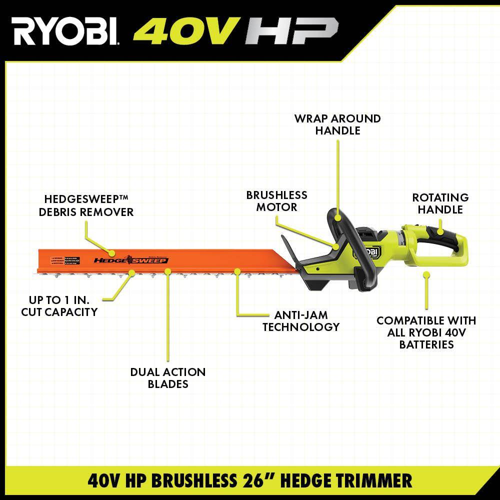 RYOBI 40V HP Brushless 26 in. Cordless Battery Hedge Trimmer (Tool Only) RY40604BTL