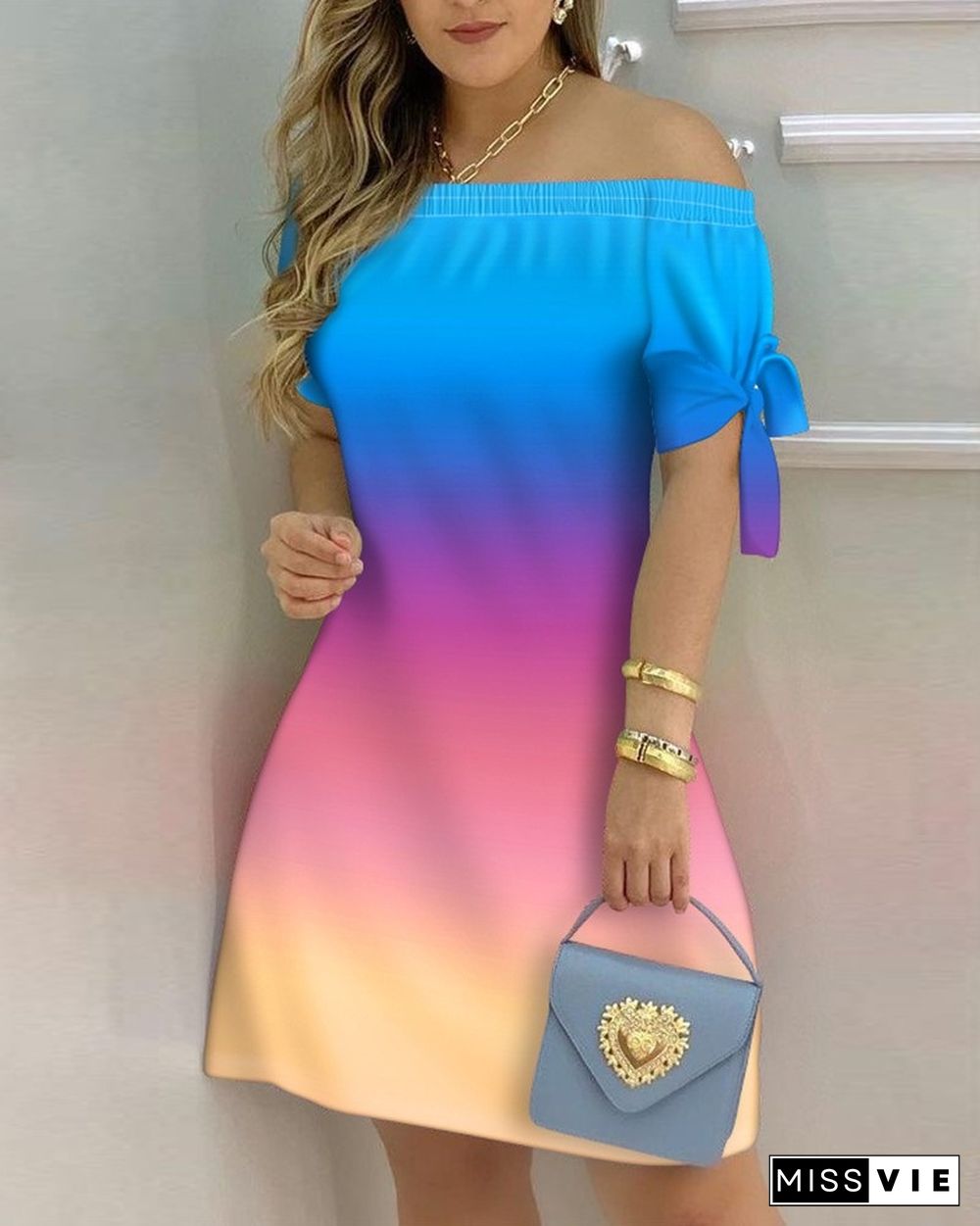 Sexy Female Casual Striped Off Shoulder Short Sleeve Mini DressFor Ladies Bow Tie Print A Line Party Short Dresses Vestidos