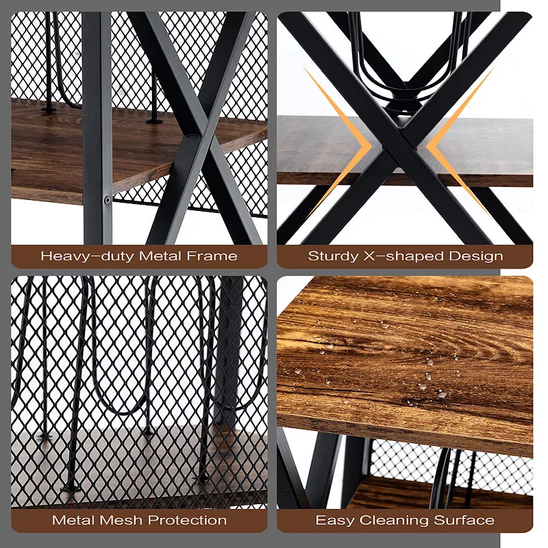 3 Tiers Vintage Style Rolling End Table with 3 Dividers for Albums-Brown