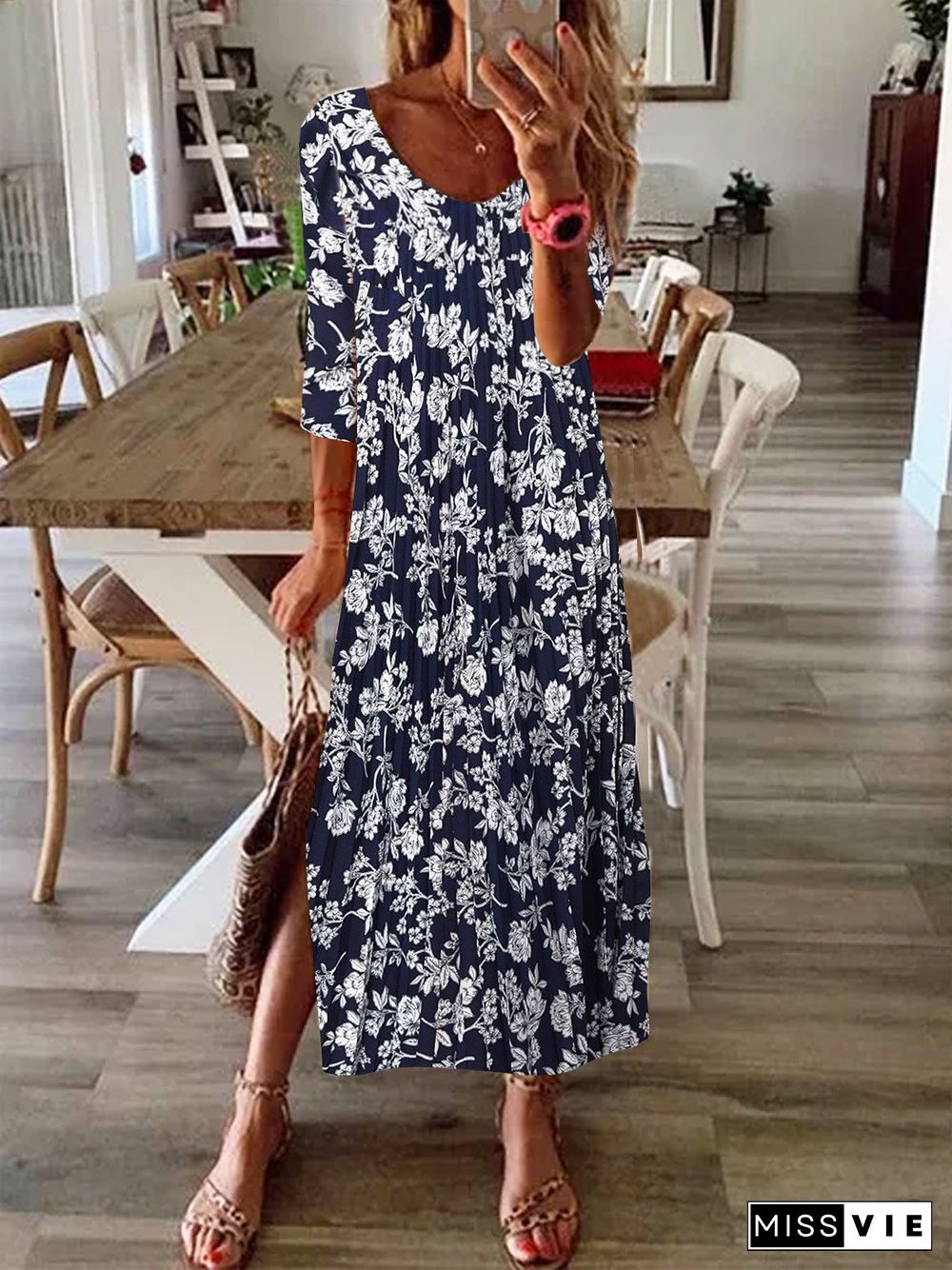 Floral Printed Loose Casual Crew Neck Dresses