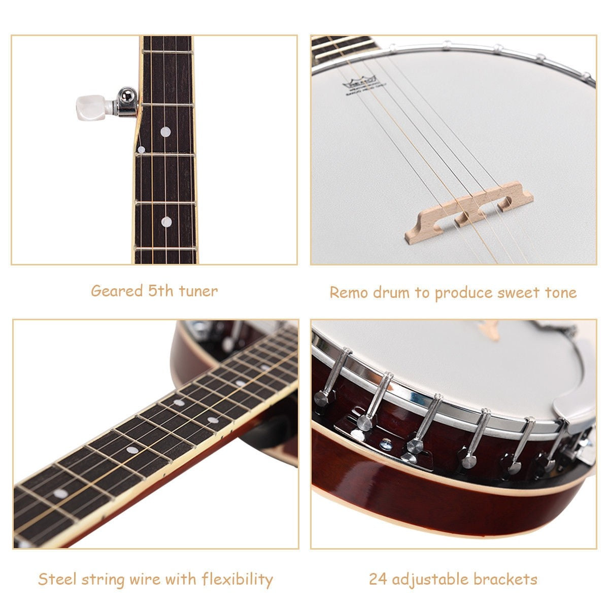 Costzon 5-String Banjo 24 Bracket with Geared 5th Tuner and Mid-range Closed Handle (41.5 IN)