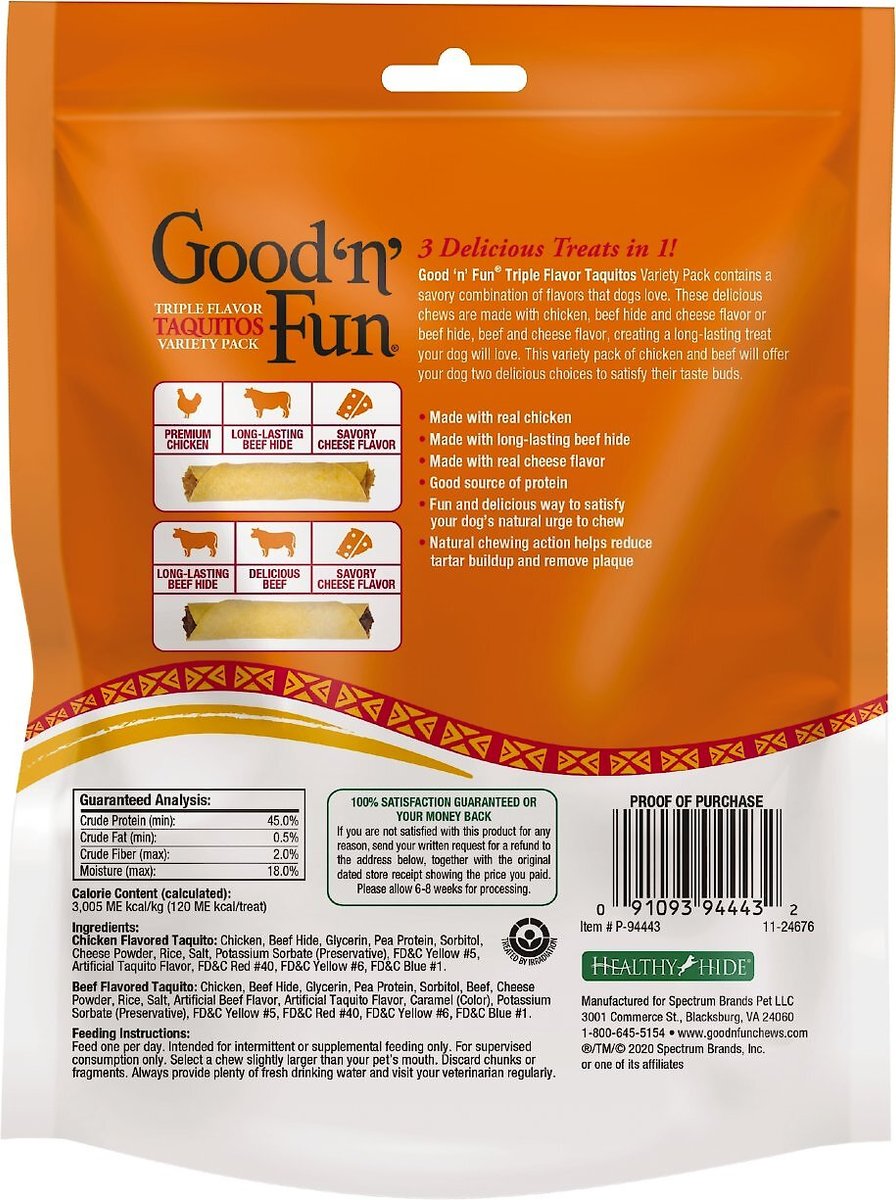 Good 'n' Fun Triple Flavor Taquitos Variety Pack Dog Treats， 5.3-oz bag， 4 count