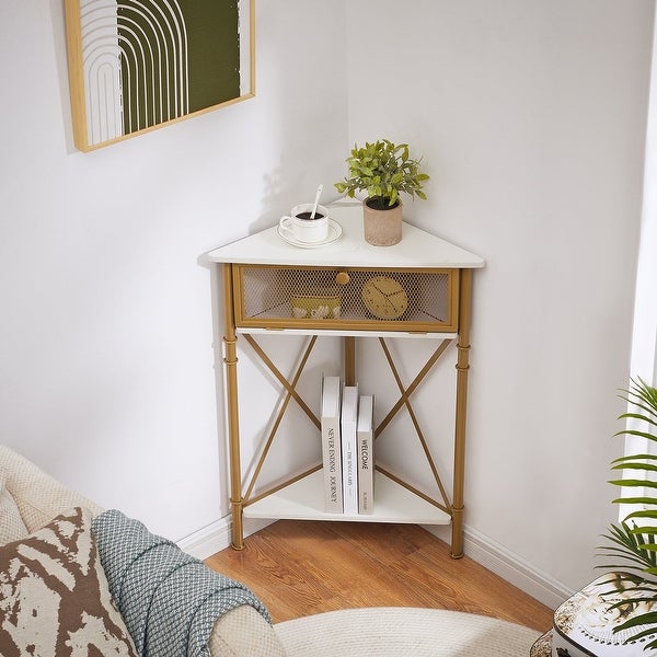 Set of 2 Industrial Triangle Side Table Corner Table with Storage Shelf， Rustic Brown