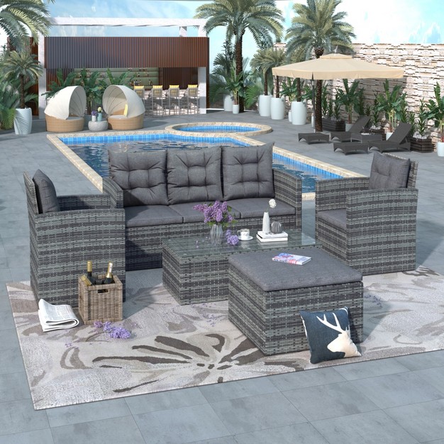 5 piece Outdoor Uv resistant Patio Sofa Set With Storage Bench All Weather Pe Wicker Coversation Set With Glass Table Gray modernluxe