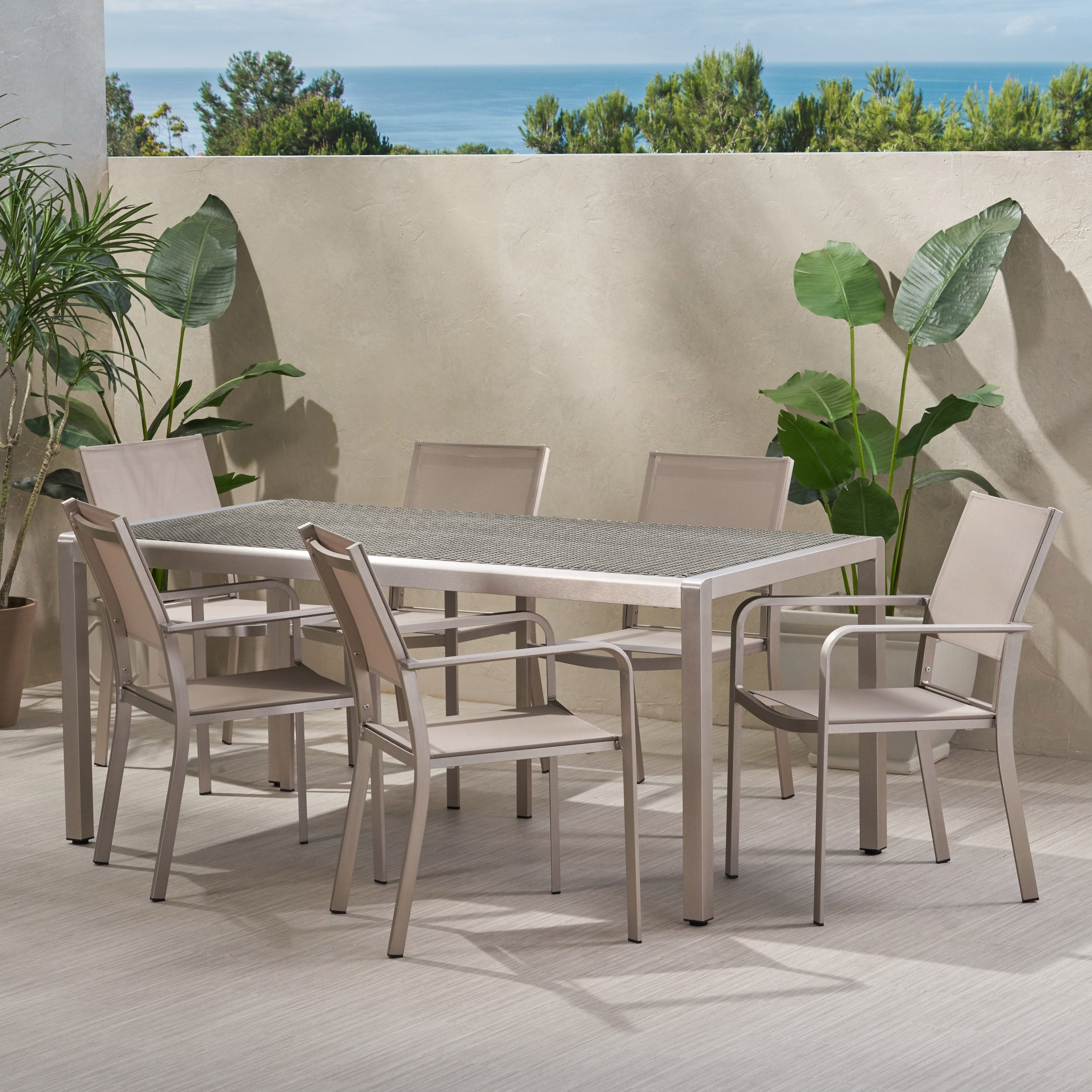 Thali Outdoor Modern 6 Seater Aluminum Dining Set with Wicker Table Top