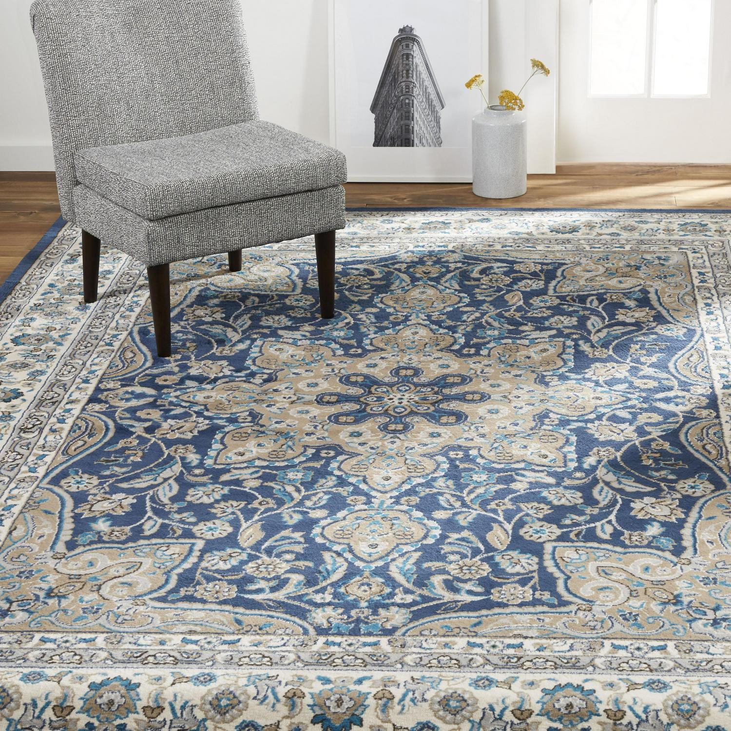 Home Dynamix Tremont Magnolia Traditional Medallion Area Rug， Navy Blue/Ivory， 53 x72