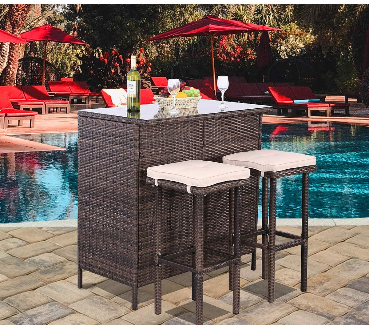 Polar Aurora 3PCS Patio Bar Set with Stools Glass Table top Wicker Outdoor Furniture with Cushions for Garden， Poolside， Beige