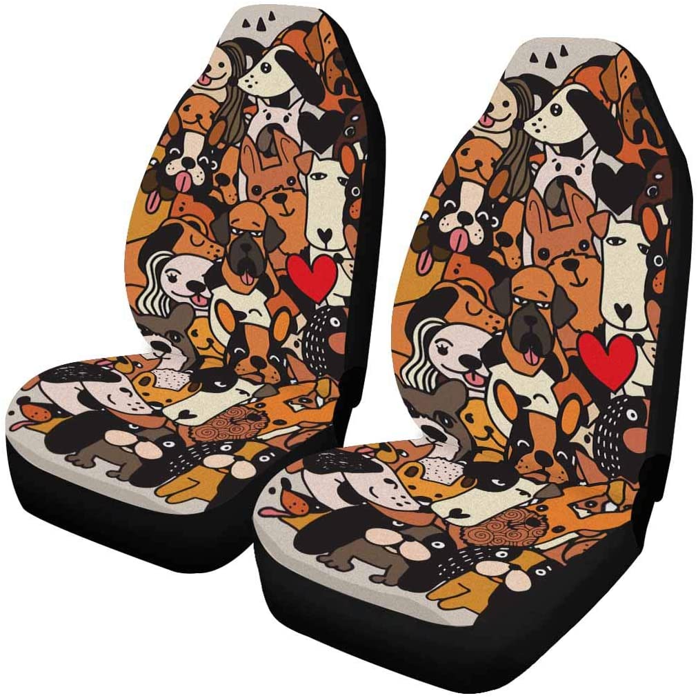 FMSHPON Set of 2 Car Seat Covers Doodle Cute Funny Cartoon Dogs Puppy Pet Characters Different Universal Auto Front Seats Protector Fits for Car，SUV Sedan，Truck